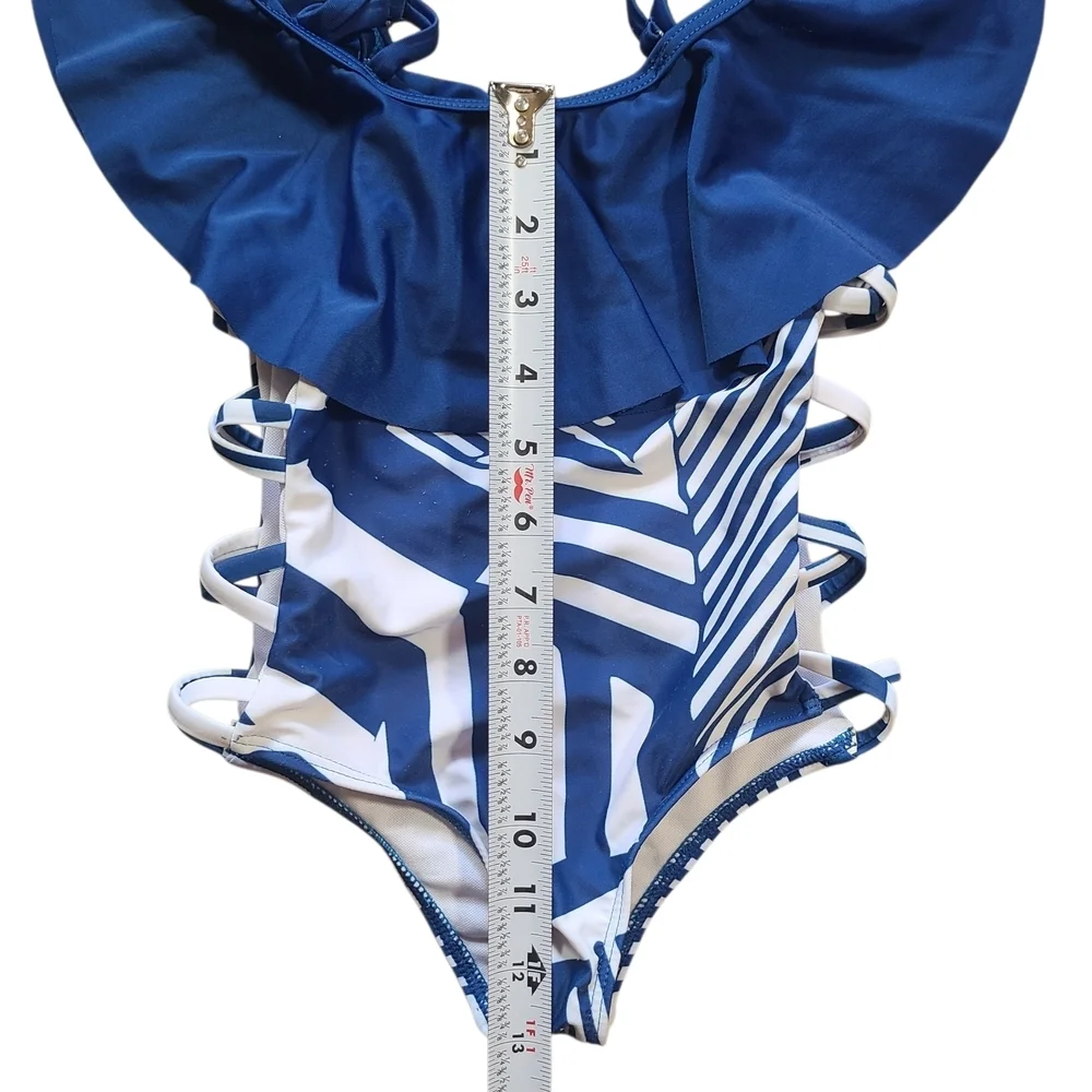 PatPat Girls 3-4Y Blue Geometric One-Shoulder Ruffle Swimsuit Cutout